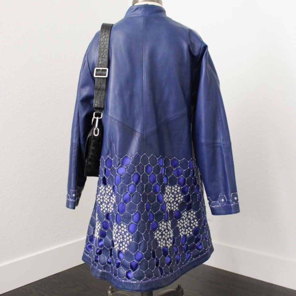 RARE vintage blue heavily beaded leather trench coat with matching leather skirt - Picture 2 of 6